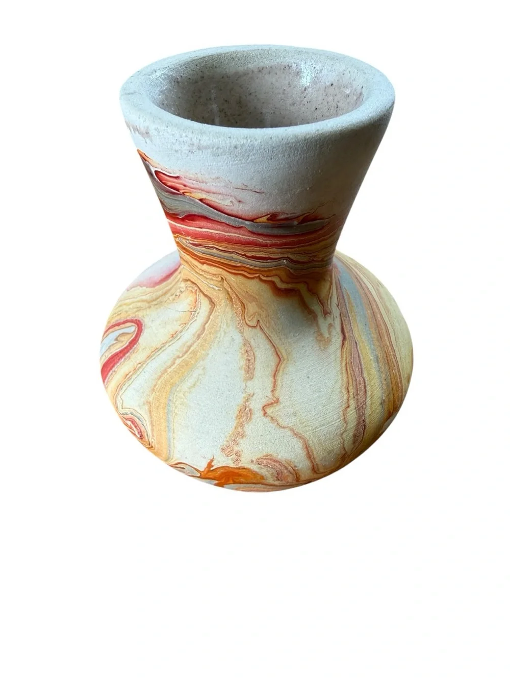 VTG Nemadji Clay Indian Pottery Vase Swirl, Orange ,Brown ,Red Stamped 4”